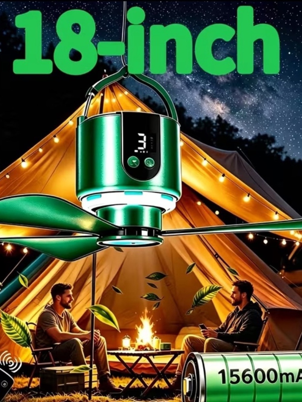 Green Portable 18-Inch Camping Fan with LED Display